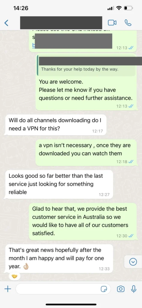 Scotiptv WhatsApp Customer Satisfaction Screenshot